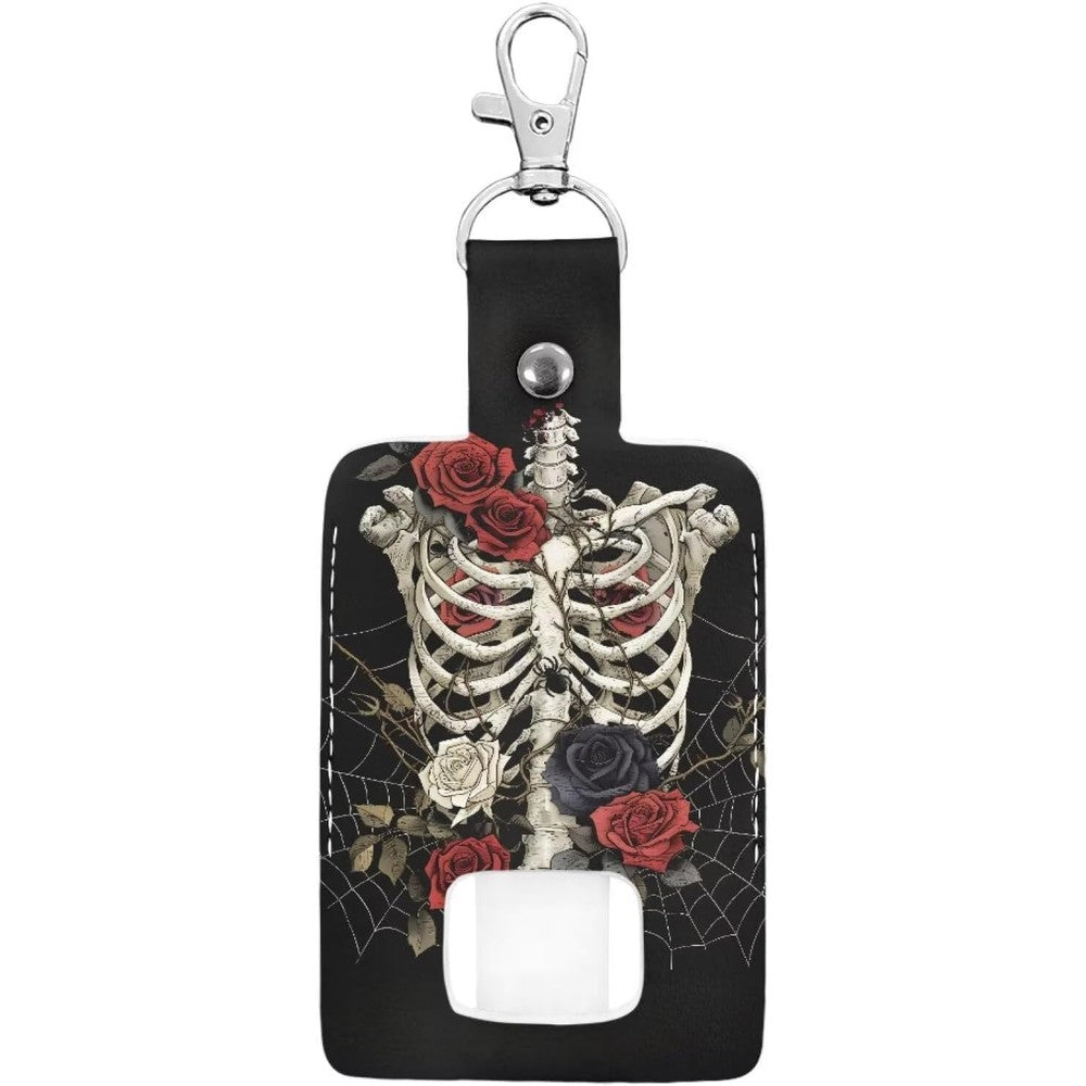 Gomyblomy skull roses asthma inhaler holder keychain front view showing gothic pattern