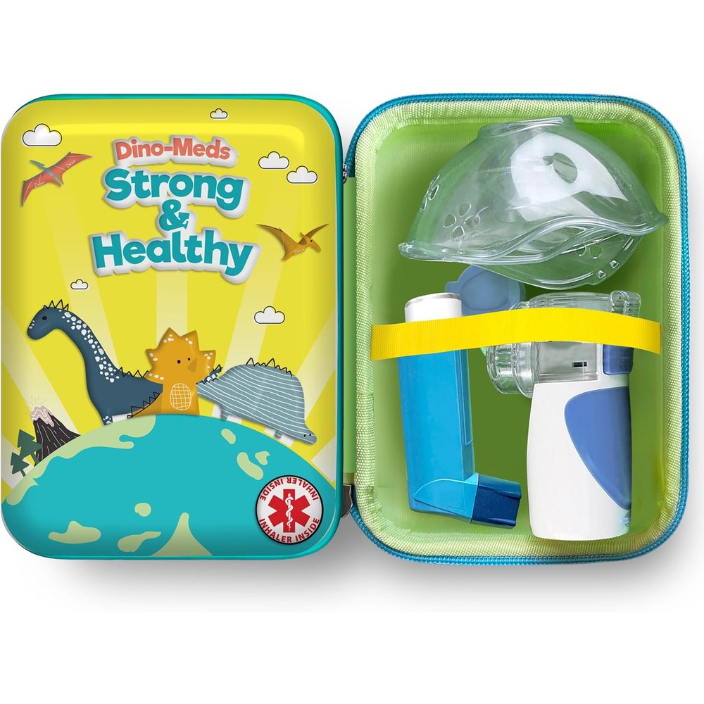 VivÃ©lle carrying case for portable handheld nebulizer front view showcasing the green dinosaur theme and durable hard shell design.