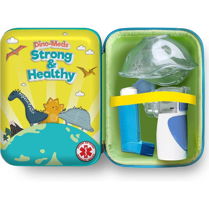 VivÃ©lle carrying case for portable handheld nebulizer front view showcasing the green dinosaur theme and durable hard shell design.