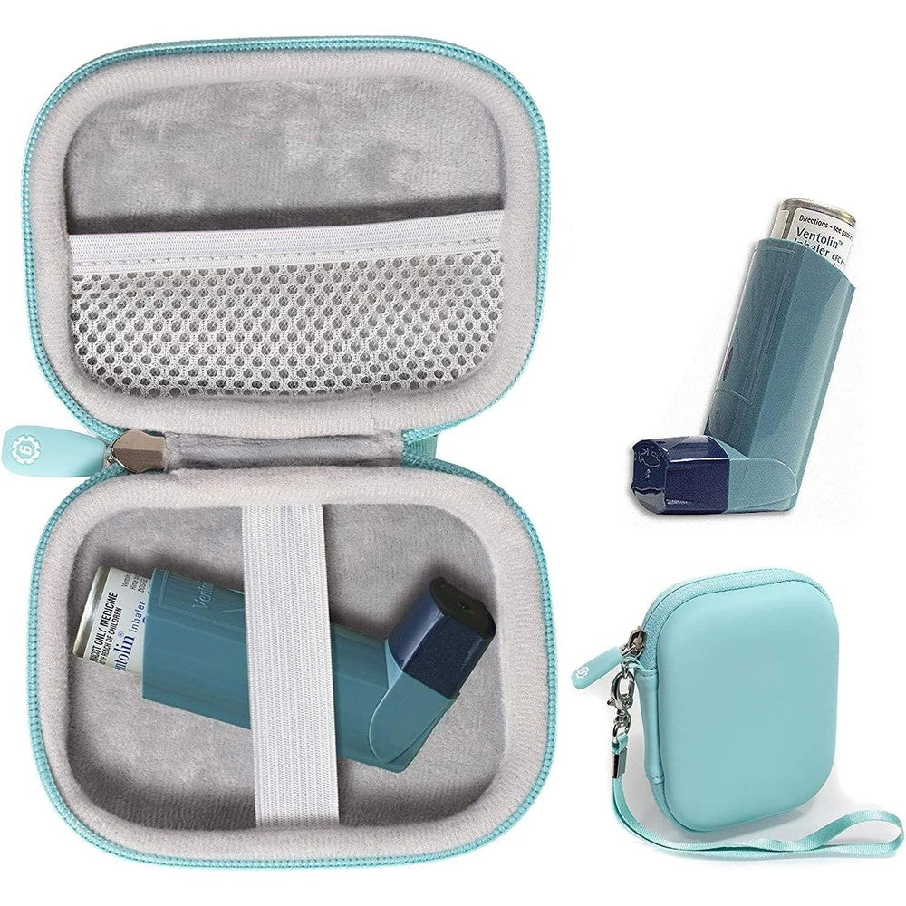 GETGEAR asthma inhaler holder case front view showing mint green polyurethane shell.