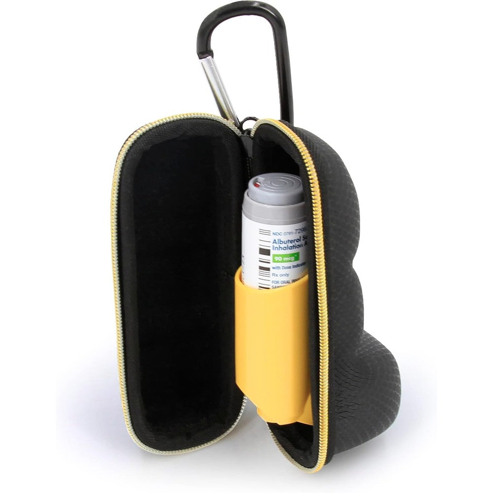 CASEMATIX asthma inhaler case front view showing black hard shell exterior with carabiner clip