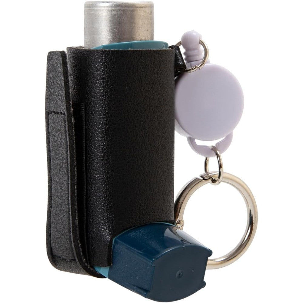 LJHYSD asthma inhaler holder front view black leather protective sleeve keychain