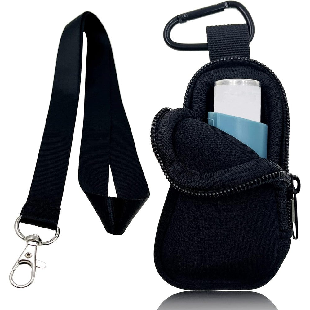 LeoTube neoprene asthma inhaler travel case front view showing black protective pouch