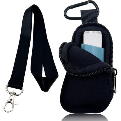 LeoTube neoprene asthma inhaler travel case front view showing black protective pouch