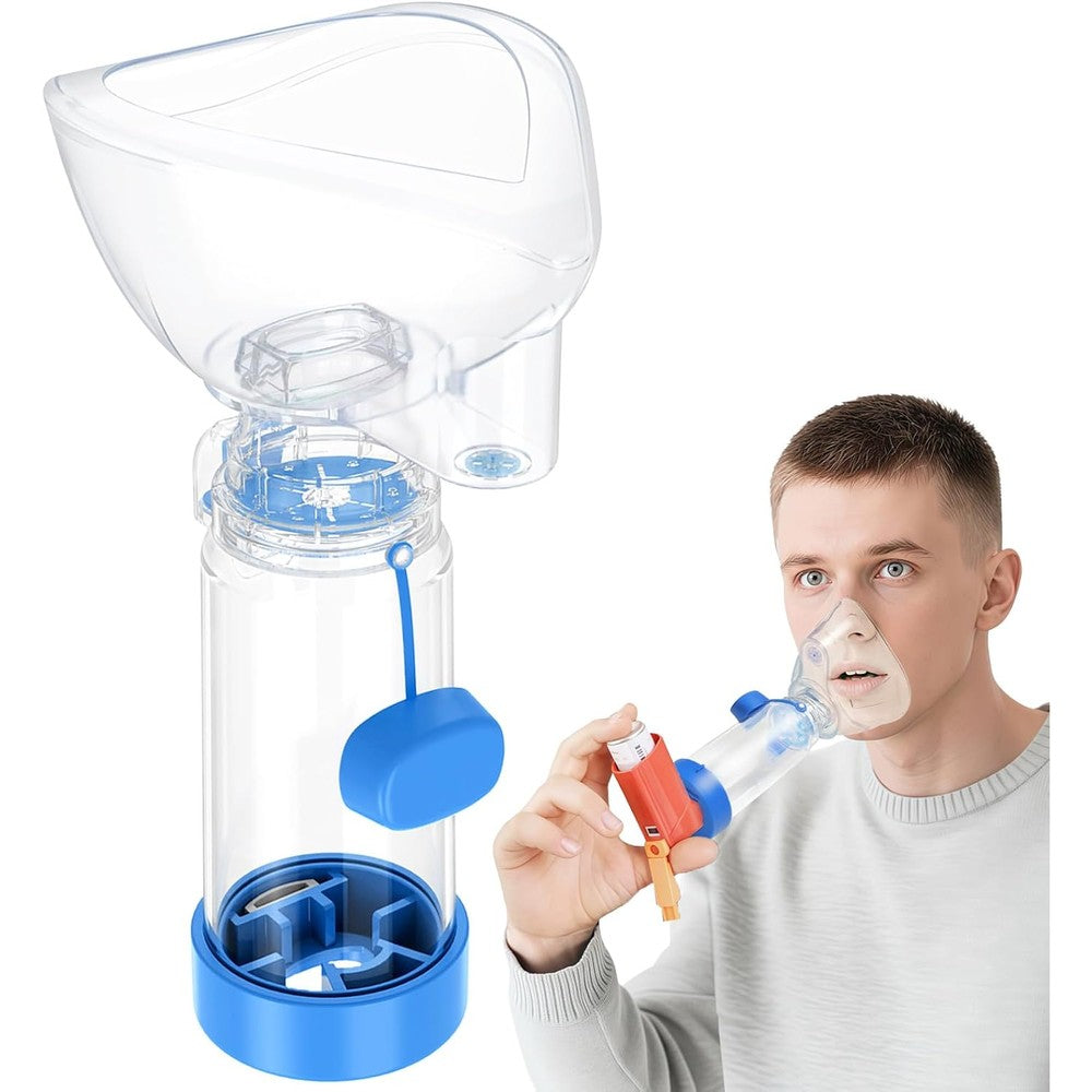NESSI OTC Spacer adult inhaler aid front view showing clear chamber and blue silicone mask attachment