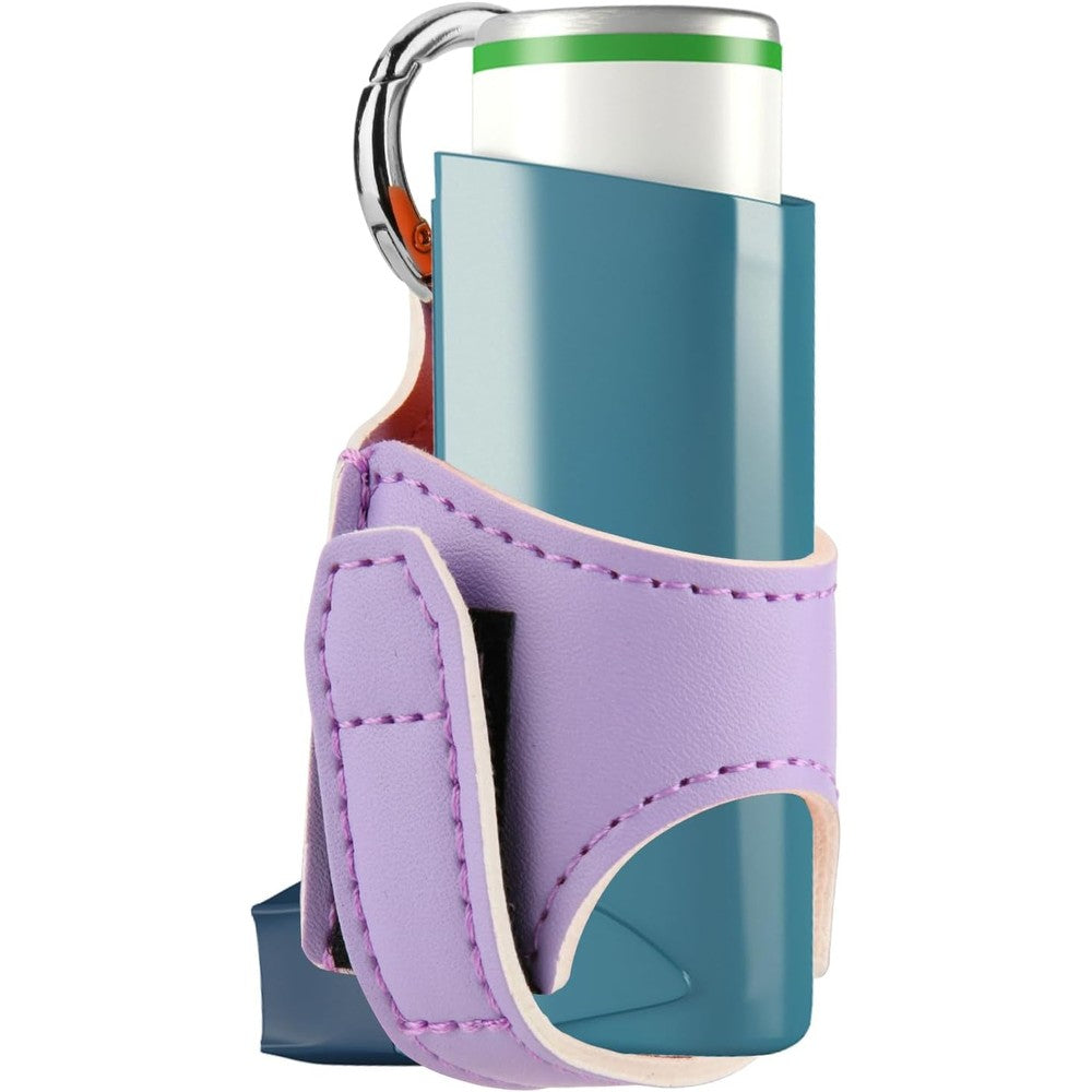 Beautyflier asthma inhaler holder front view in purple leather showing premium protective case stitching.