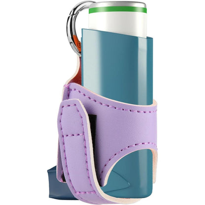 Beautyflier asthma inhaler holder front view in purple leather showing premium protective case stitching.
