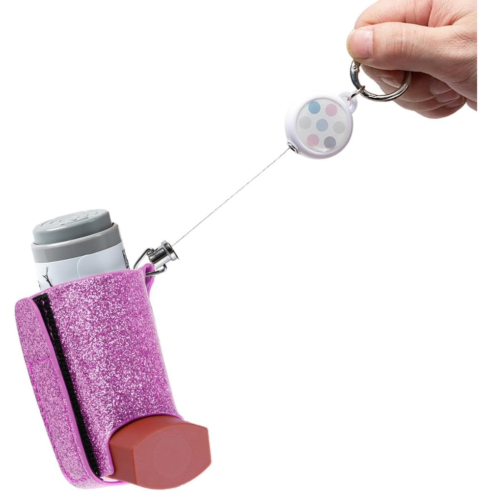 JFGLORIX asthma inhaler holder keychain front view in sparkling pink polyurethane leather material
