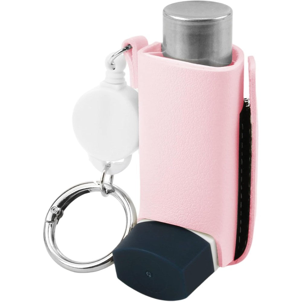 SHFGYG PU leather asthma inhaler holder keychain front view showing pink protective case