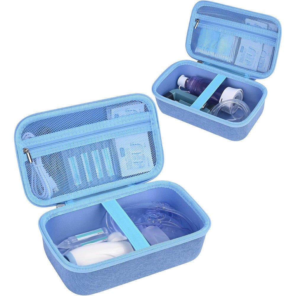 Stukcaze asthma inhaler case front view showing the blue hard shell exterior design.