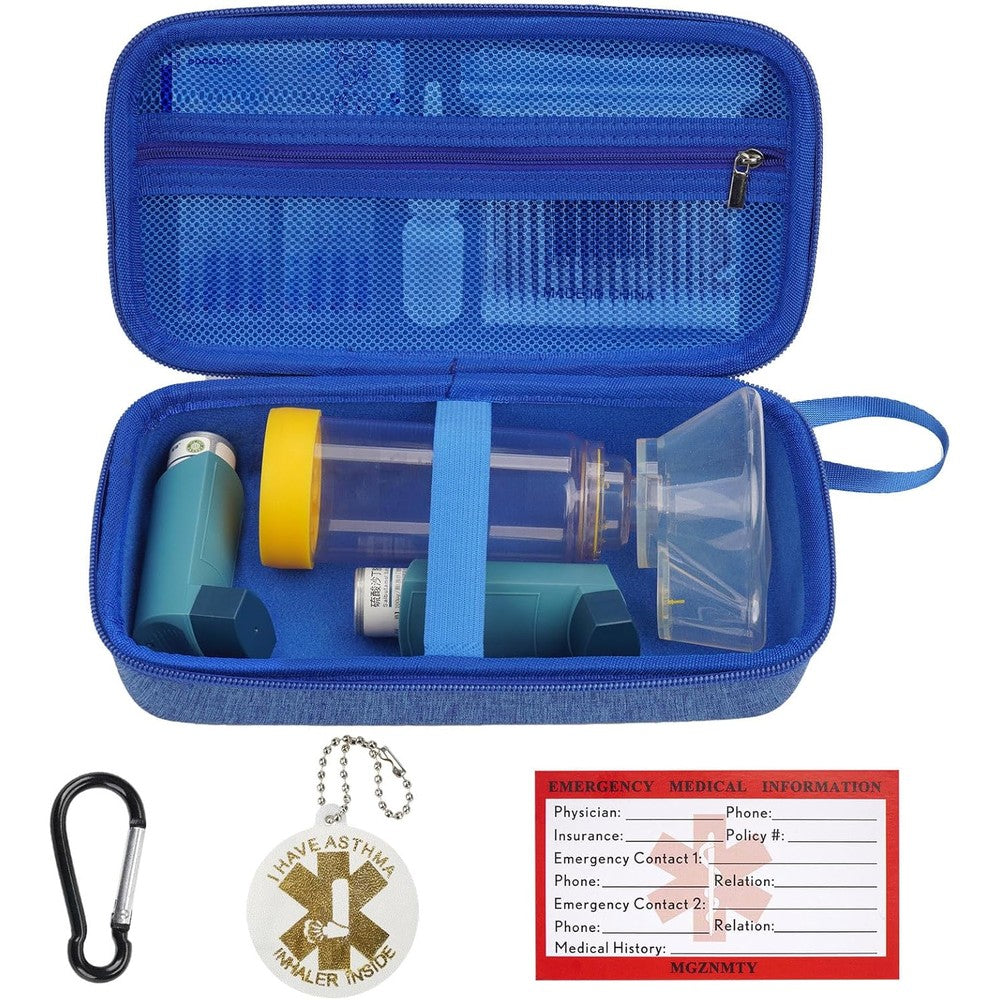 MGZNMTY travel asthma inhaler case front view showing premium blue hard shell design for medical storage.
