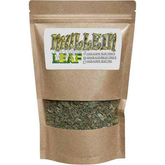 Alkaline Electrics Organic Mullein Leaf packaging front view loose leaf respiratory herbal tea