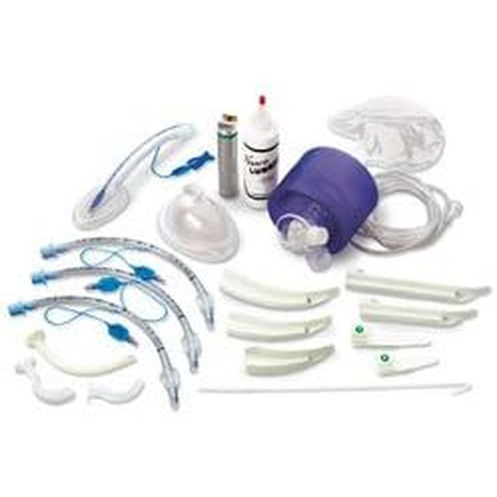 MedEduQuest Adult Airway Management Trainer Kit front view showcasing simulation model head and intubation accessories.