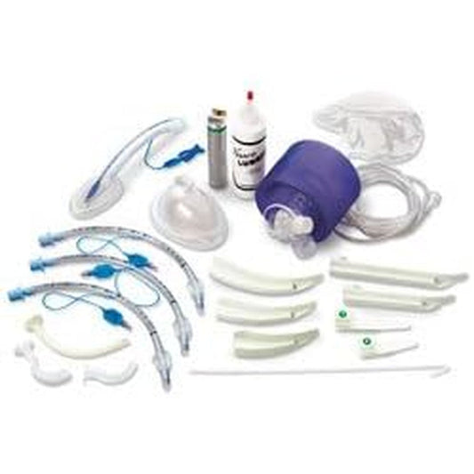 MedEduQuest Adult Airway Management Trainer Kit front view showcasing simulation model head and intubation accessories.