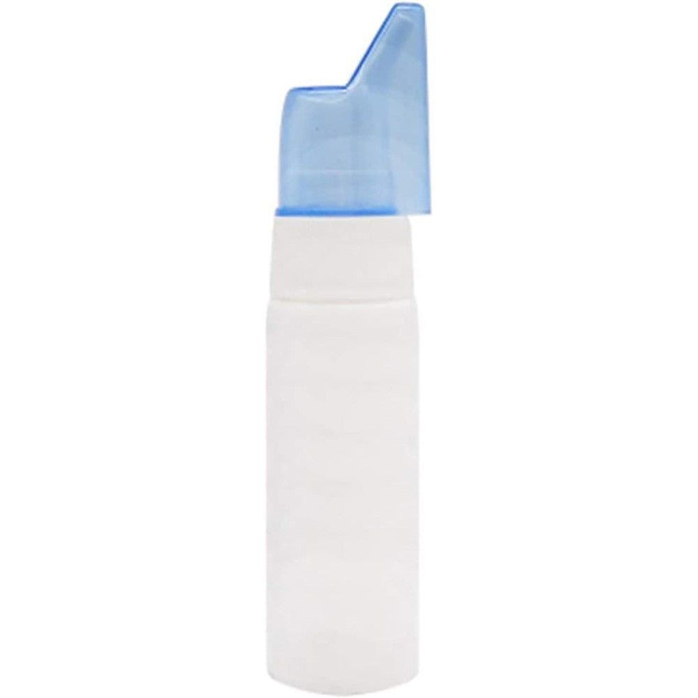 Aquacolor empty nasal spray bottle front view showing white plastic container and blue nozzle cover.