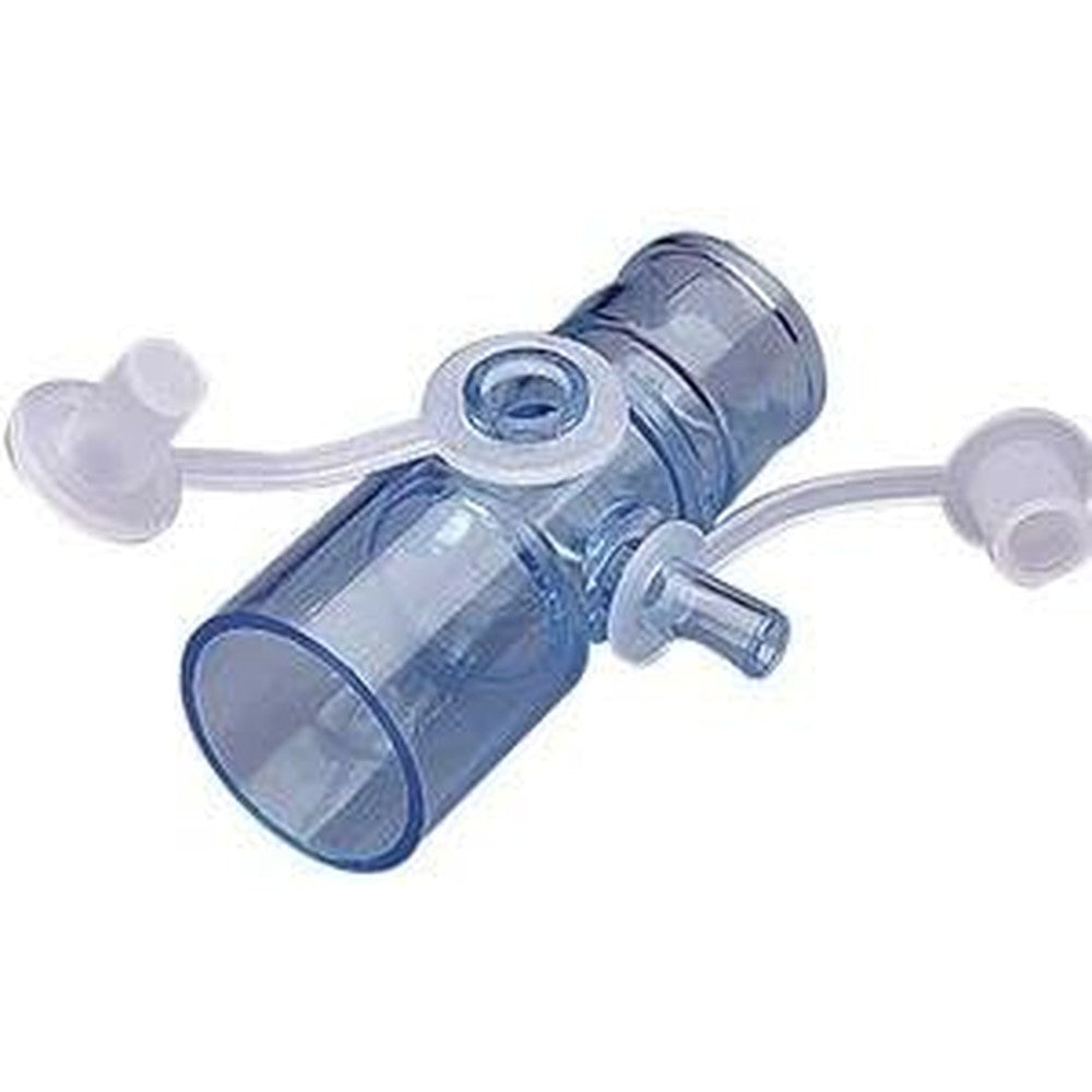 SunMed U/Adapt-It Disposable Straight Connector front view showing the twenty-two millimeter ports and integrated open oxygen monitoring stem.