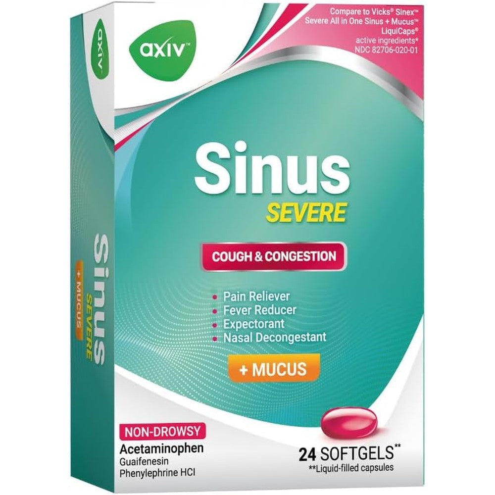 AXIV Sinus Severe Plus Mucus Relief softgels front packaging