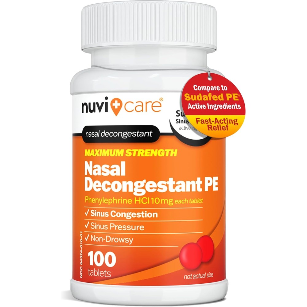 NuviCare Max Strength Nasal Decongestant 100 Count bottle front view