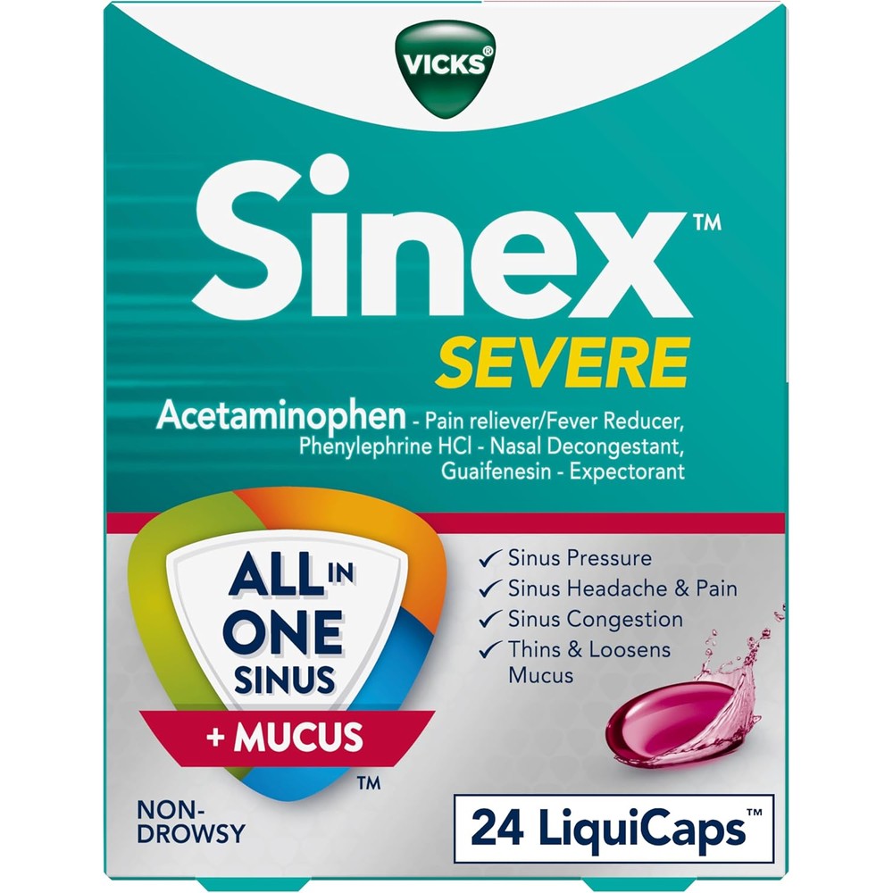 Vicks Sinex Severe All-In-One Sinus and Mucus Relief front bottle view