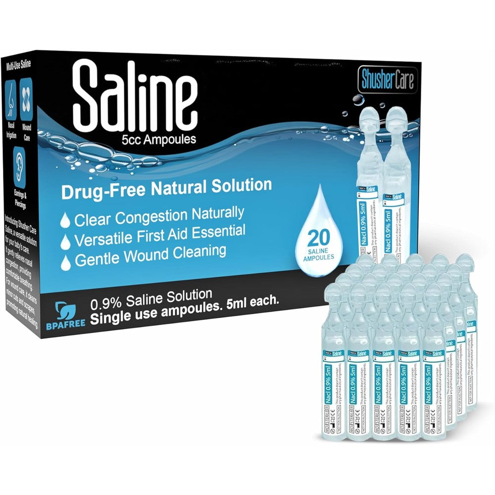 Shusher Care saline ampoules box front view for nasal and wound care
