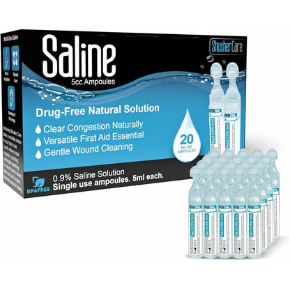 Shusher Care saline ampoules box front view for nasal and wound care