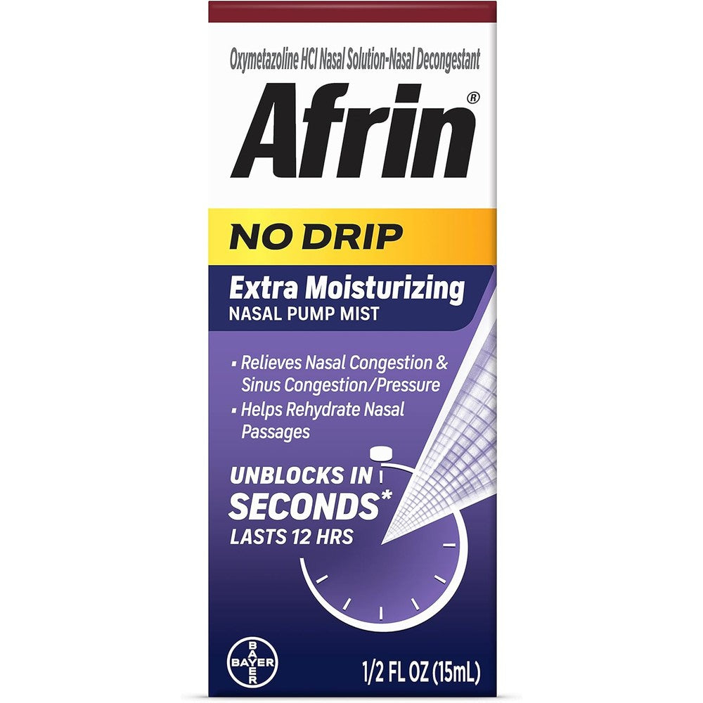 Afrin No Drip Extra Moisturizing Nasal Pump Mist front view for sinus relief.