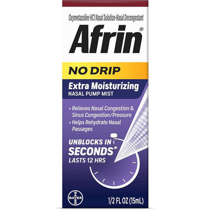 Afrin No Drip Extra Moisturizing Nasal Pump Mist front view for sinus relief.