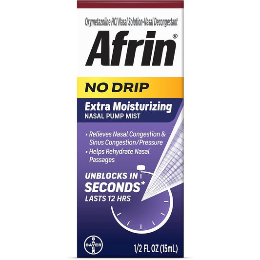 Afrin No Drip Extra Moisturizing Nasal Pump Mist front view for sinus relief.