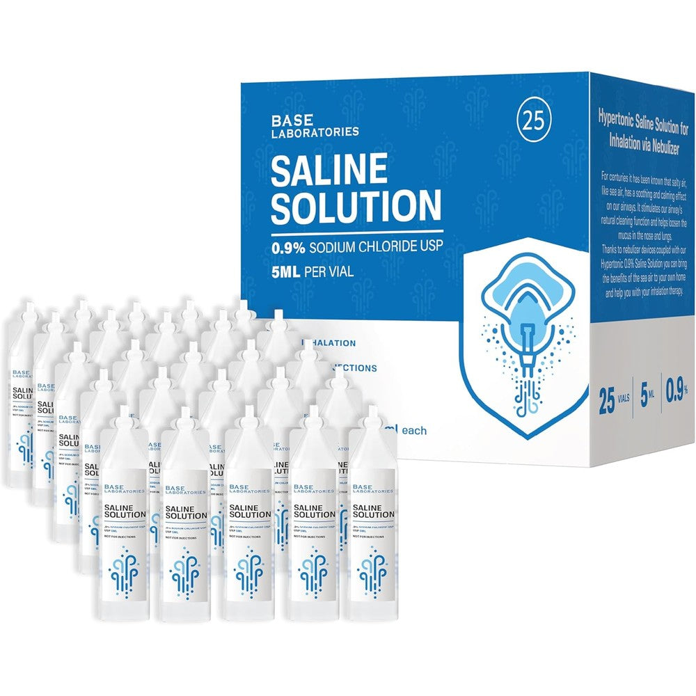 Base Laboratories 0.9 percent saline solution vials front view