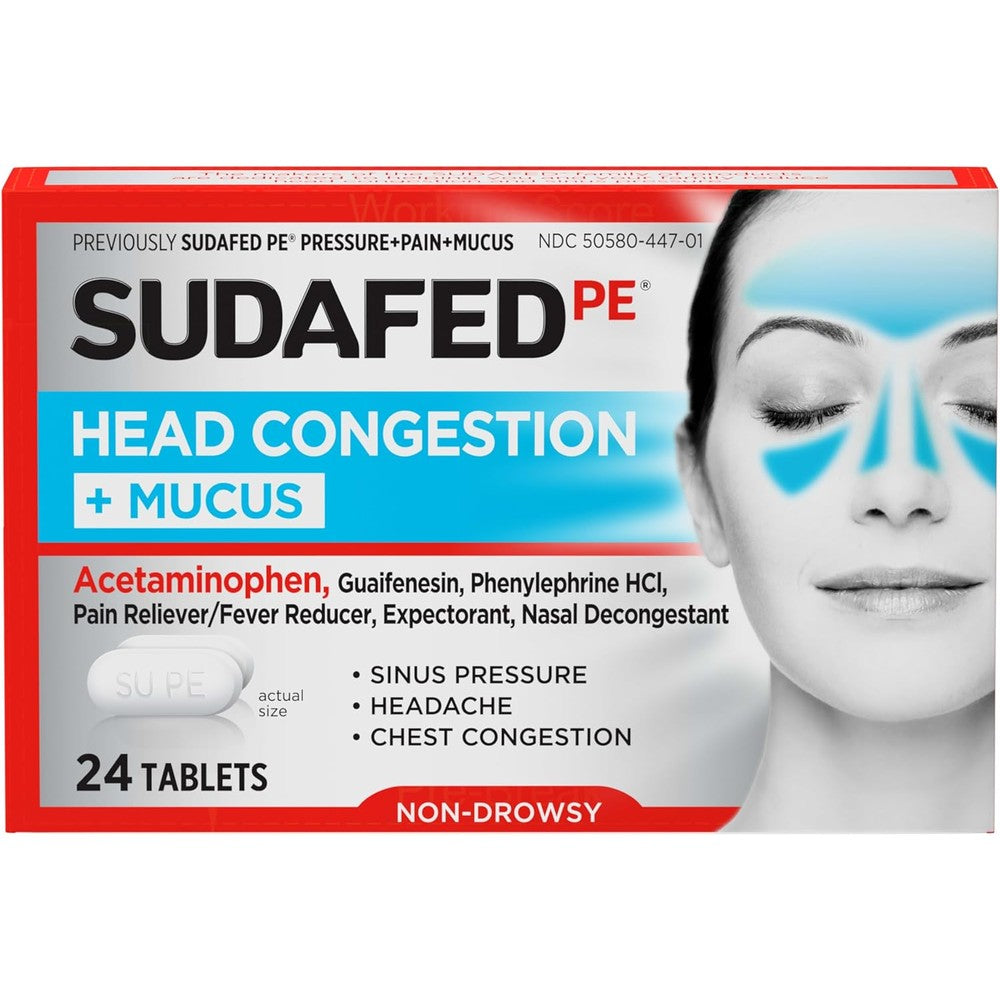 Sudafed PE Head Congestion and Mucus Relief tablets front packaging view