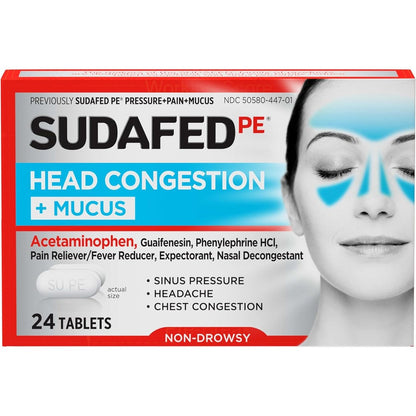 Sudafed PE Head Congestion and Mucus Relief tablets front packaging view