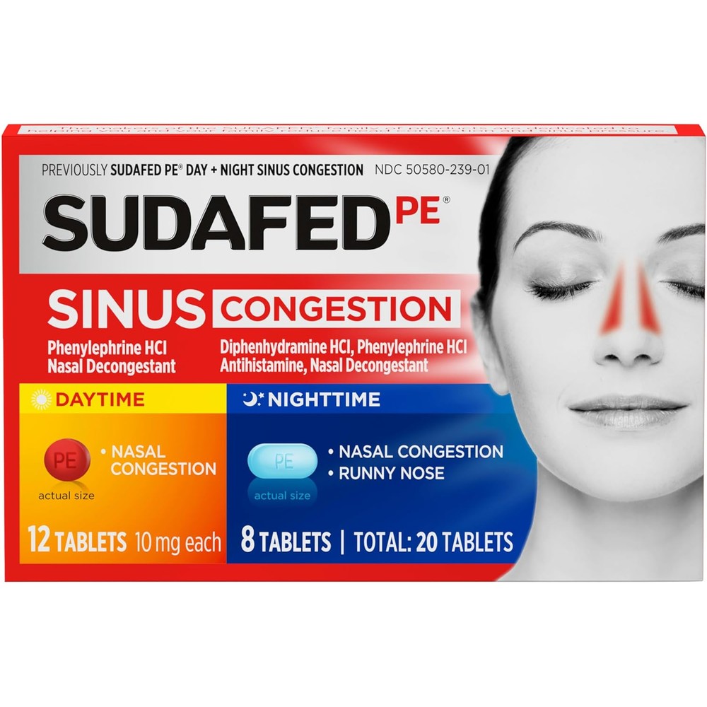 Sudafed PE Day and Night sinus congestion relief box front view