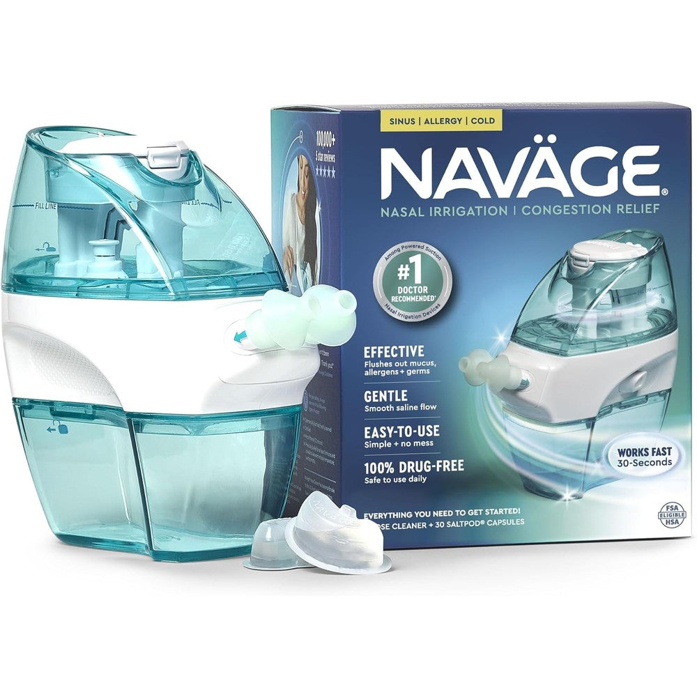Navage nasal irrigation starter bundle device and salt pods front view