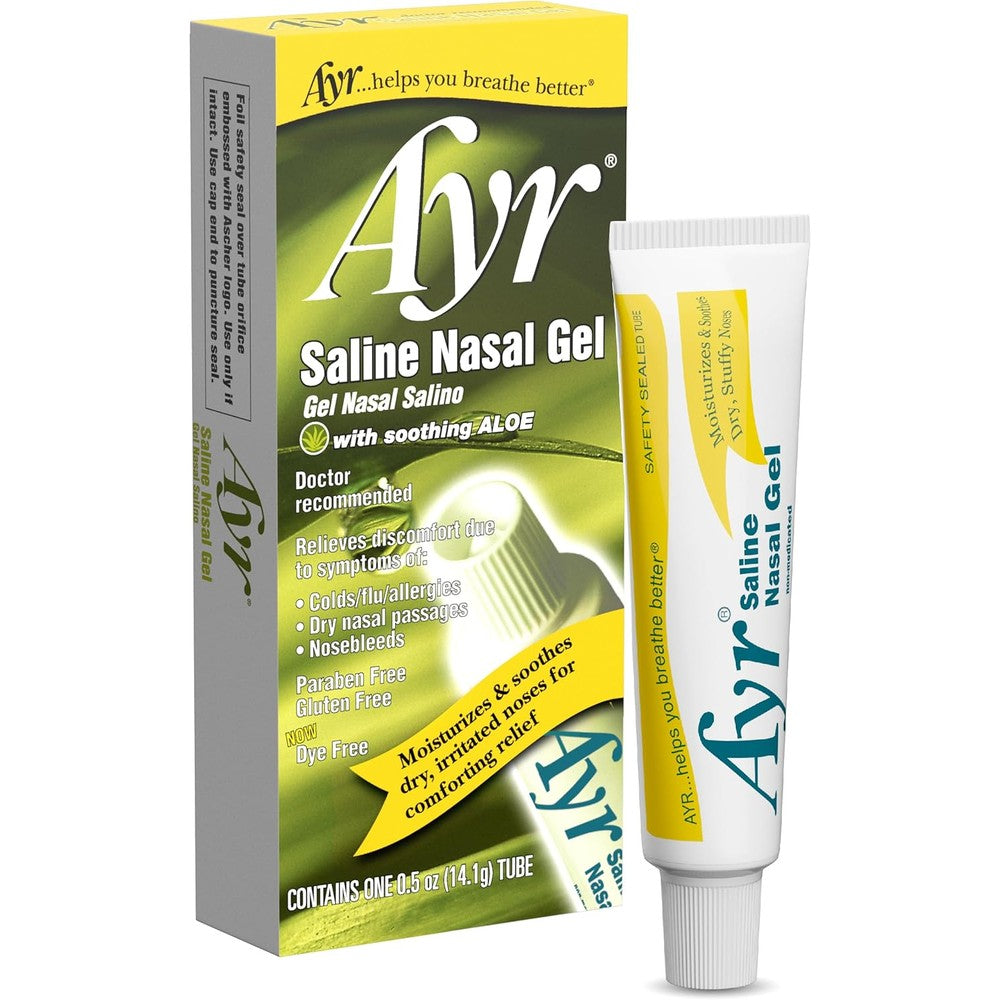 Ayr Saline Nasal Gel with Soothing Aloe front view tube for dry nose relief