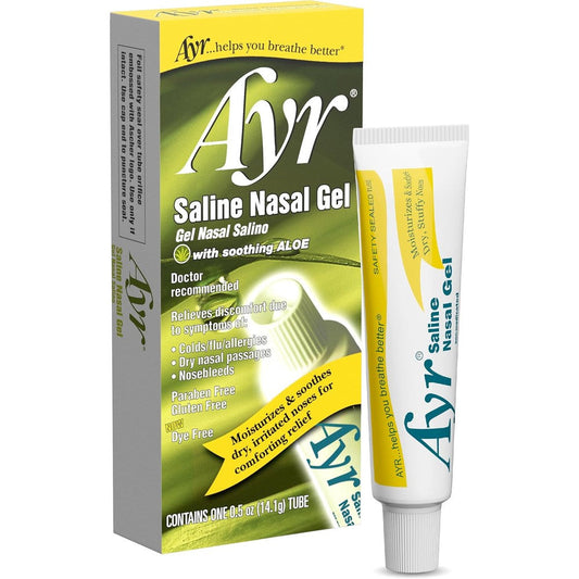 Ayr Saline Nasal Gel with Soothing Aloe front view tube for dry nose relief