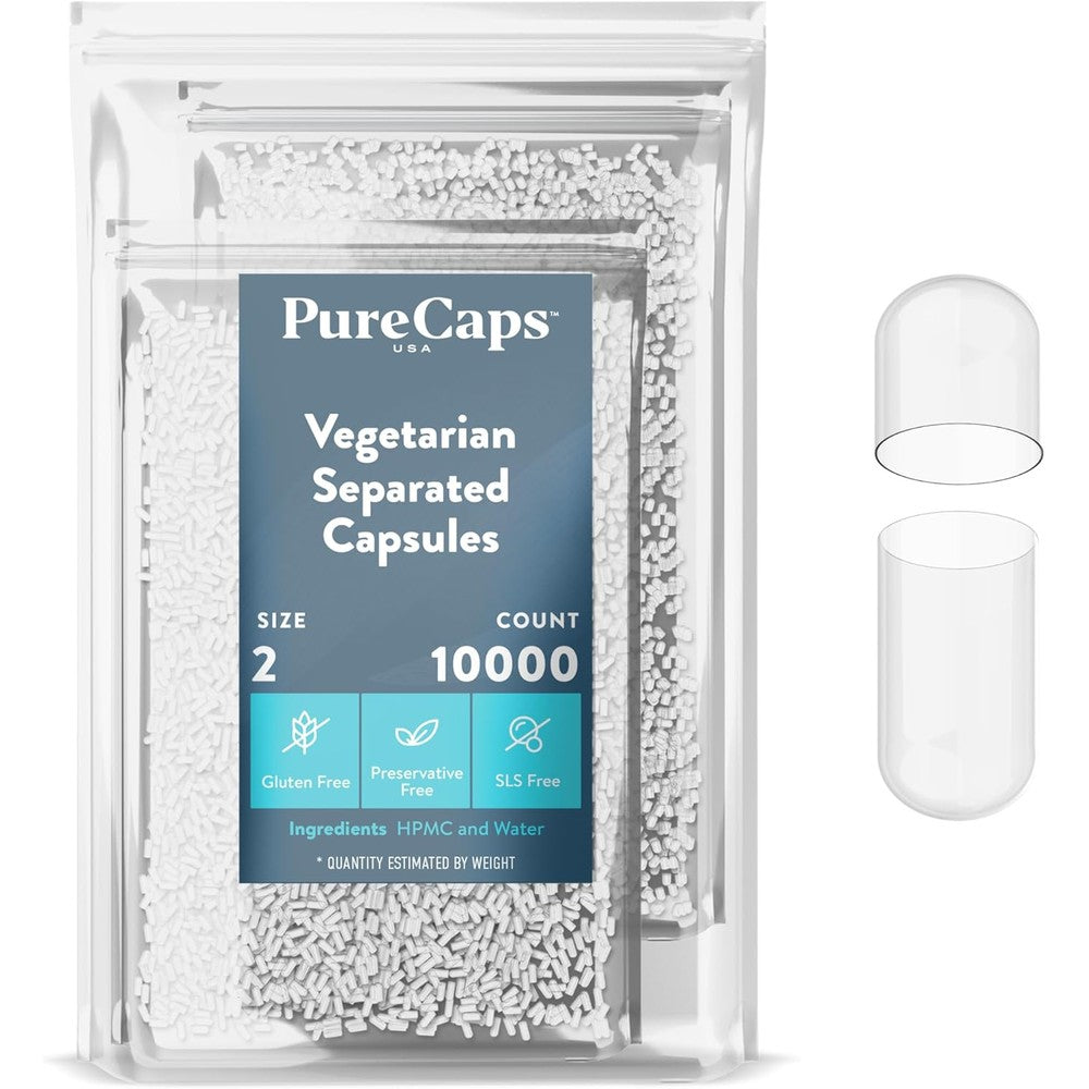 PureCaps USA Size 2 empty vegetarian capsules 10,000 count bulk bag front view