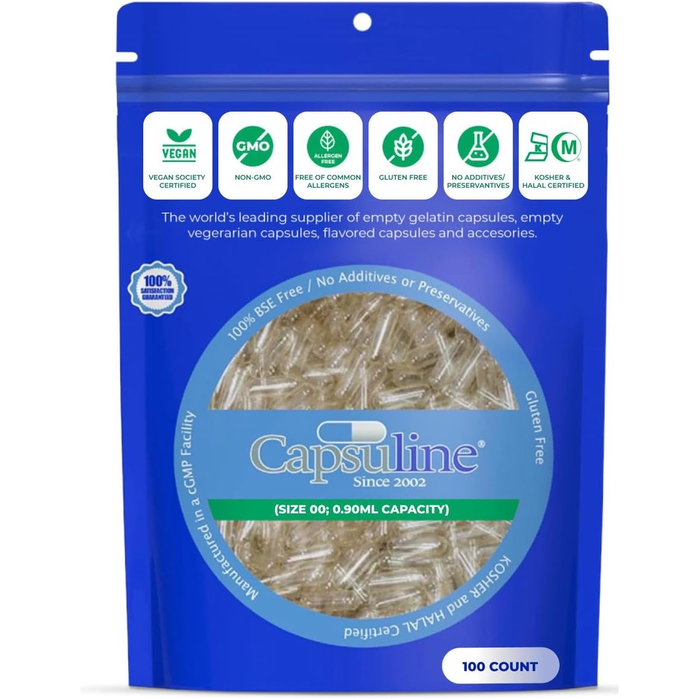 Capsuline Size 00 clear vegan pullulan capsules bottle front view