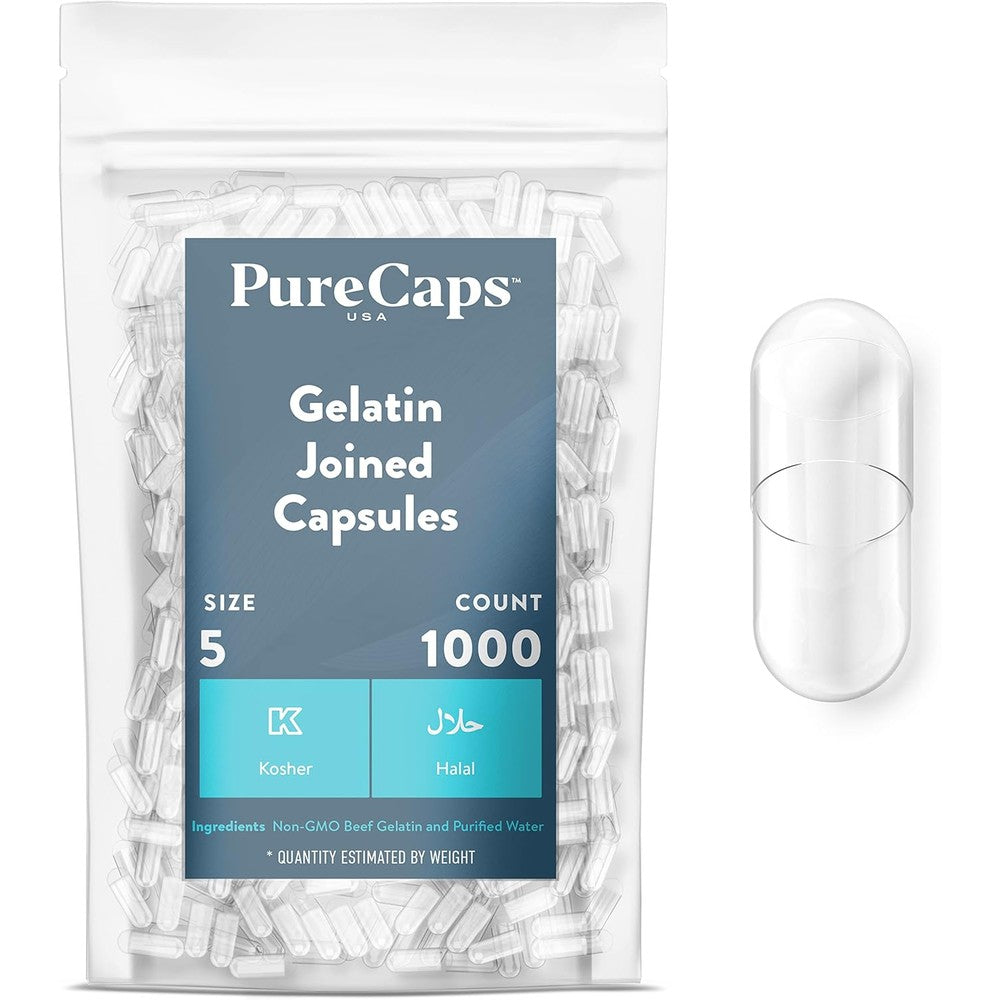 PureCaps USA Size 5 empty gelatin capsules front view package