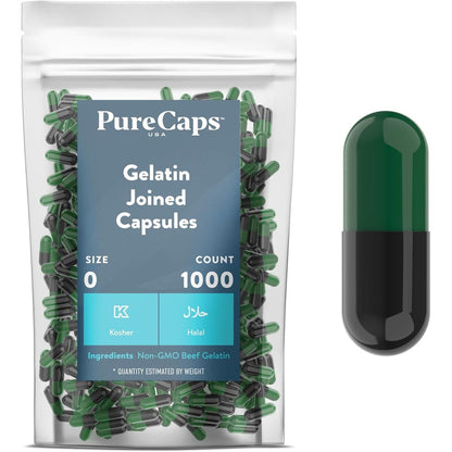PureCaps USA empty gelatin capsules size 0 front view packaging for custom powder supplements