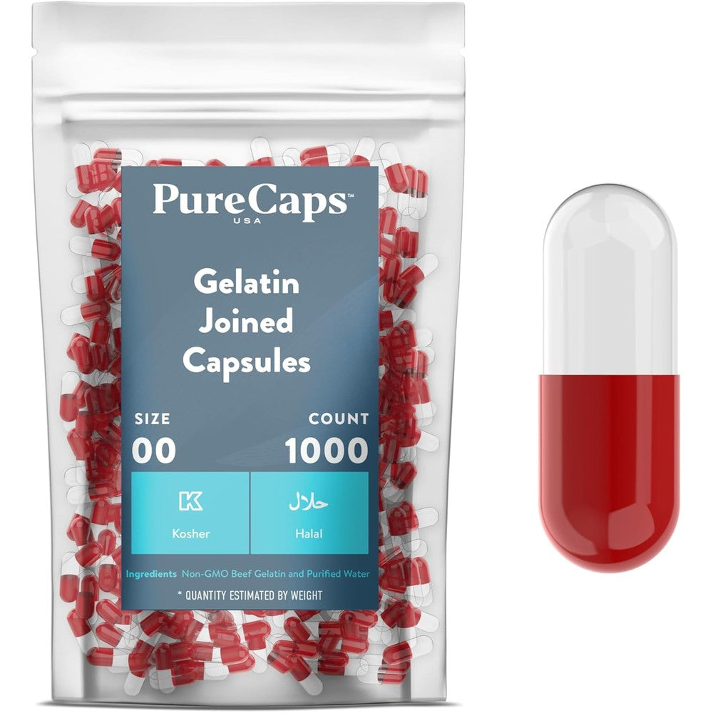 PureCaps USA Size 00 empty gelatin capsules red and clear front view