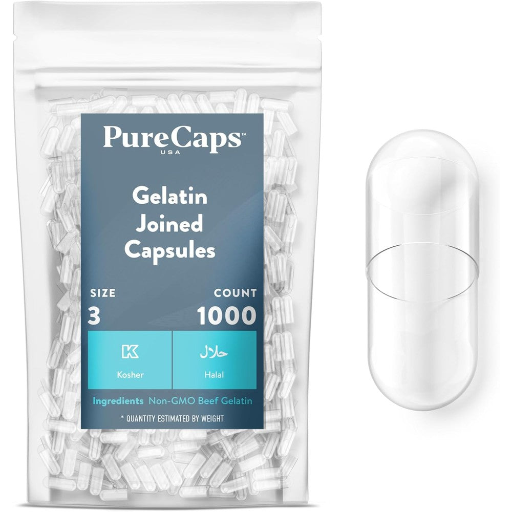 PureCaps USA empty gelatin capsules size 3 clear 1000 count pack front view