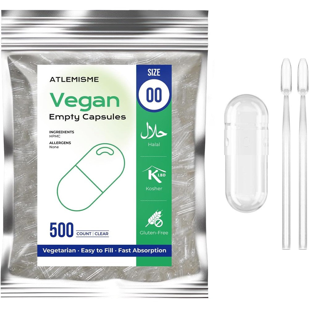 Atlemisme size 00 empty vegan capsules clear pouch front view