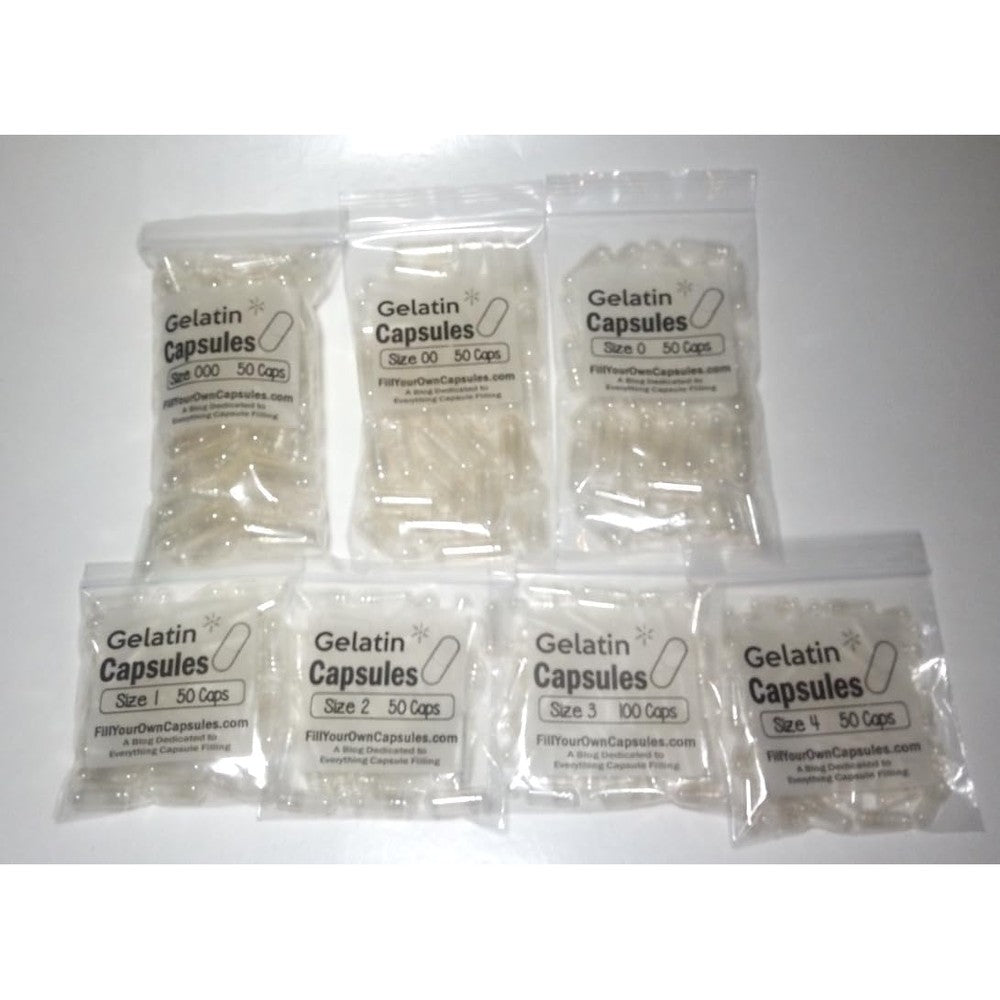 Patco Pharmaceuticals empty gelatin capsules assorted sizes sampler pack front view.