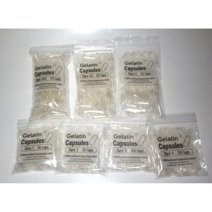 Patco Pharmaceuticals empty gelatin capsules assorted sizes sampler pack front view.