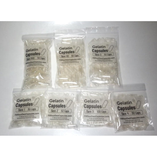 Patco Pharmaceuticals empty gelatin capsules assorted sizes sampler pack front view.