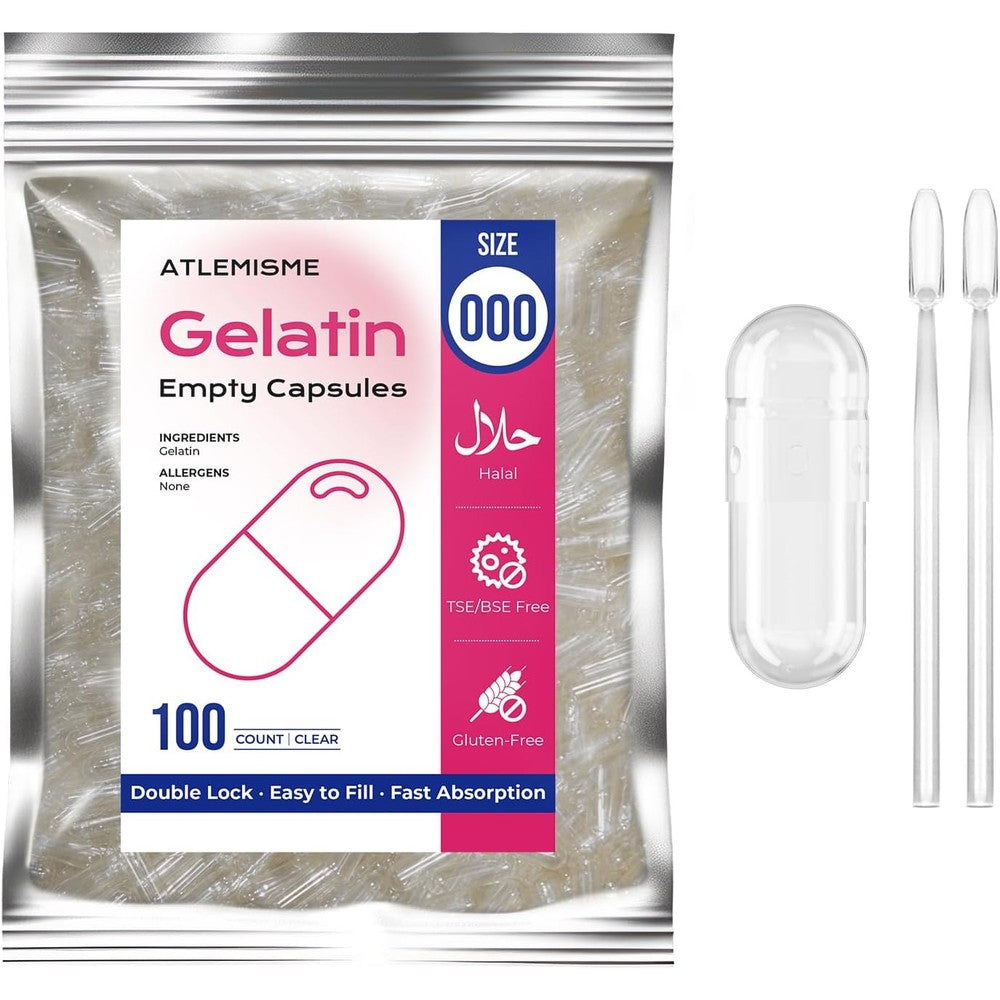 Atlemisme empty gelatin capsules size 000 front view with spoons