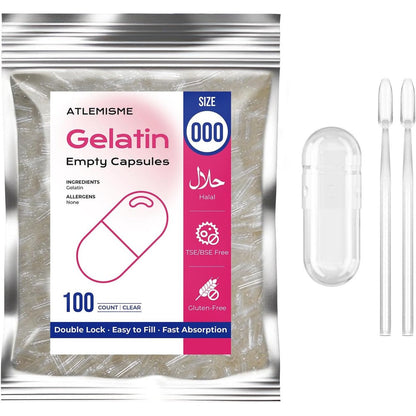 Atlemisme empty gelatin capsules size 000 front view with spoons