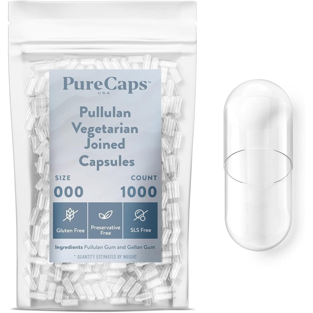 PureCaps USA Size 000 clear empty vegetarian pullulan capsules front view