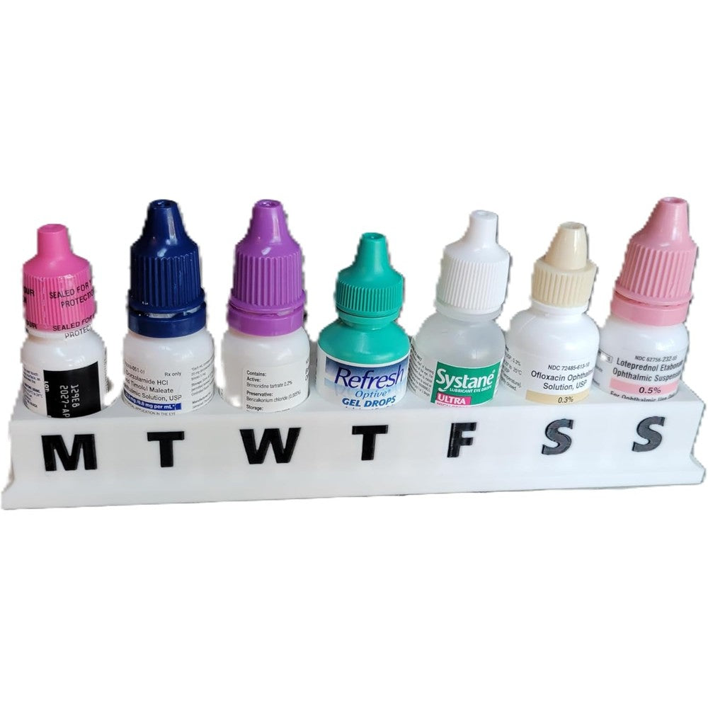Znet3D Eye Drop Bottle Holder and Weekly Organizer front view showing 7 day labeled tray storage stand.