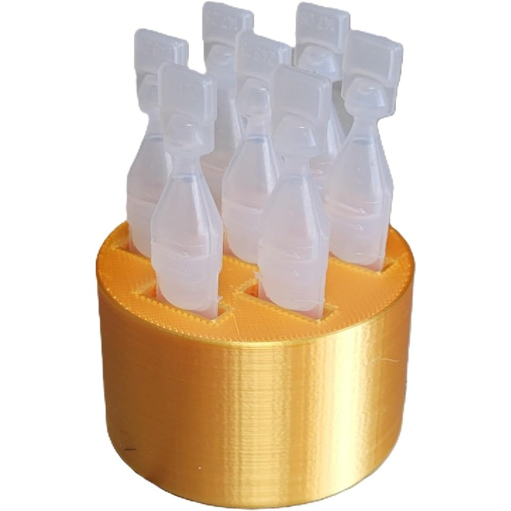 Znet3D round eye drop vial stand gold front view holding disposable containers